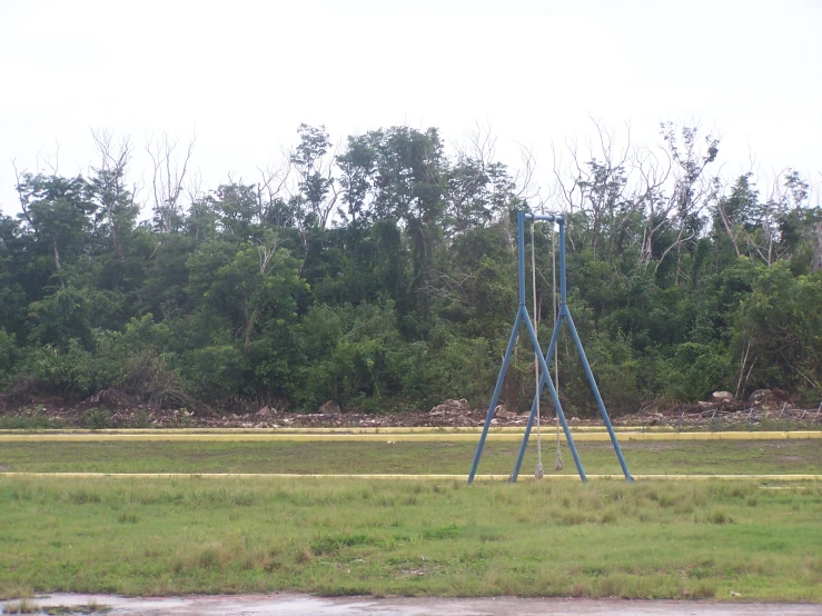 a large metal structure with a ladder in the middle of some grass