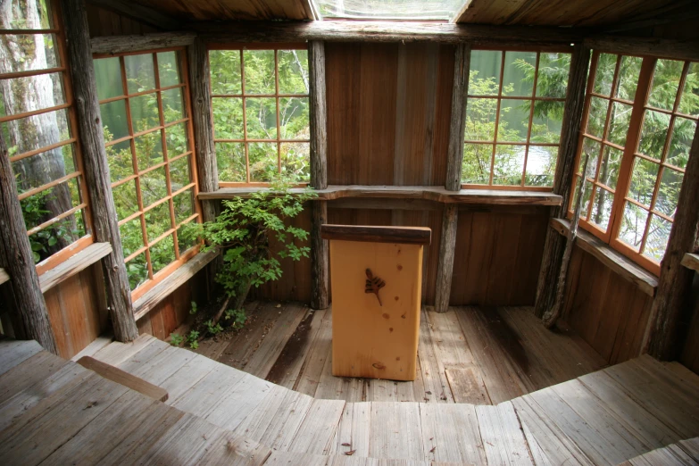 an empty room with wood floors and windows and plants