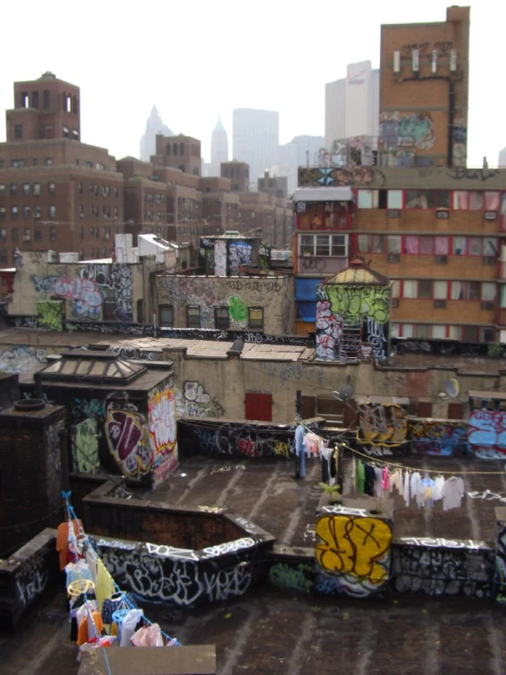 some very old graffiti covered roofs in a big city