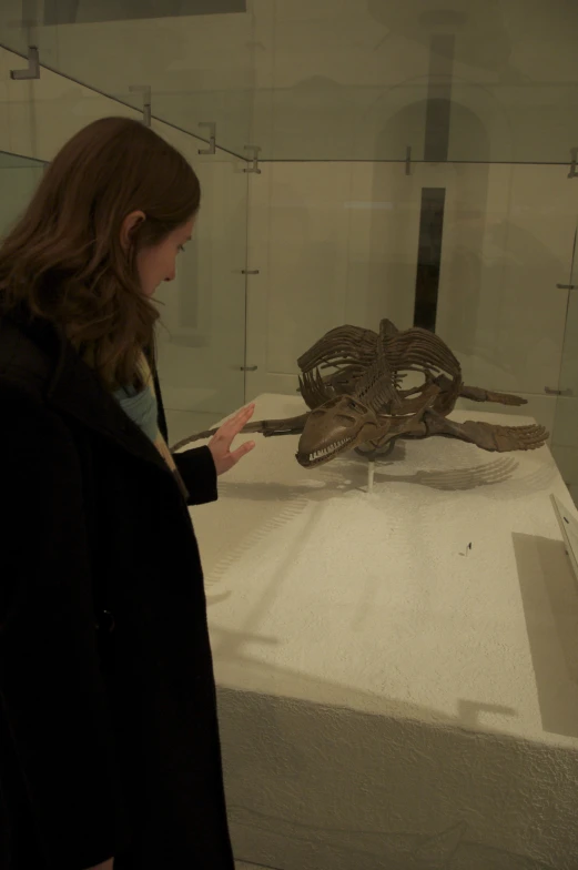 a woman is looking at an artifact in a glass case