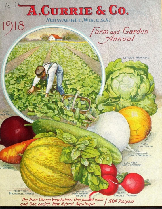 an old advertit for an american garden with vegetables and a man