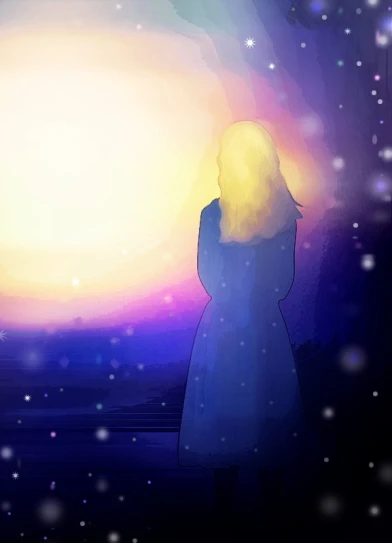 a girl in a blue dress looking at the sky with a bright sun shining down
