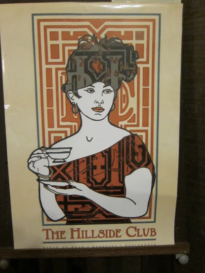 a poster hanging in the doorway shows a woman with a glass of wine
