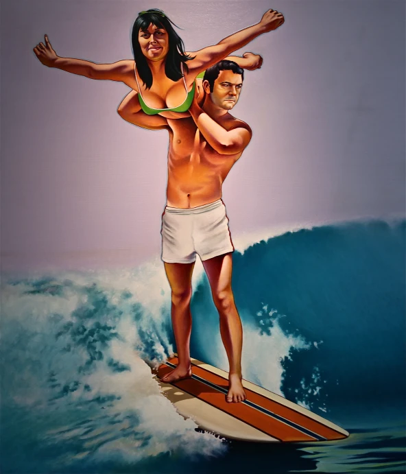 a man and a woman are standing on a surf board