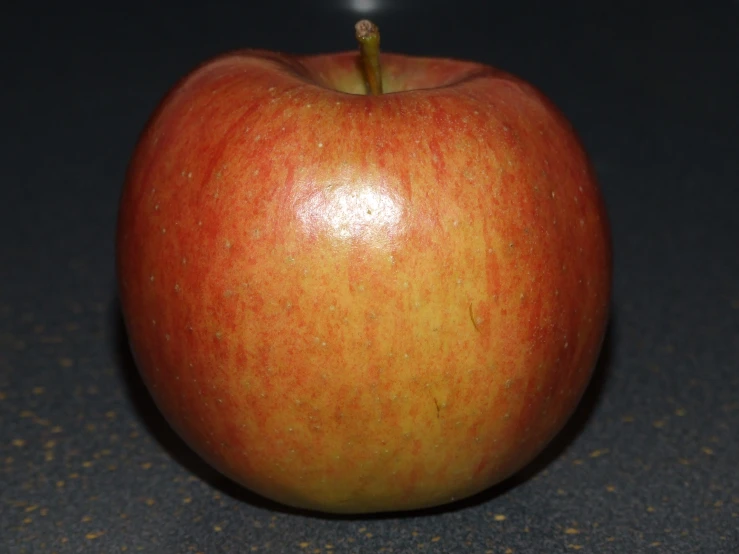 an apple sitting on the ground has brown speckles