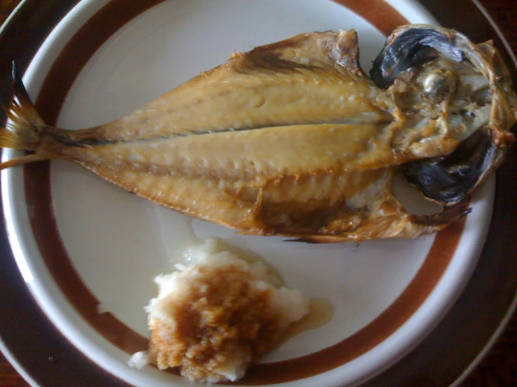 two fish pieces of cooked fish, served with some mashed potatoes