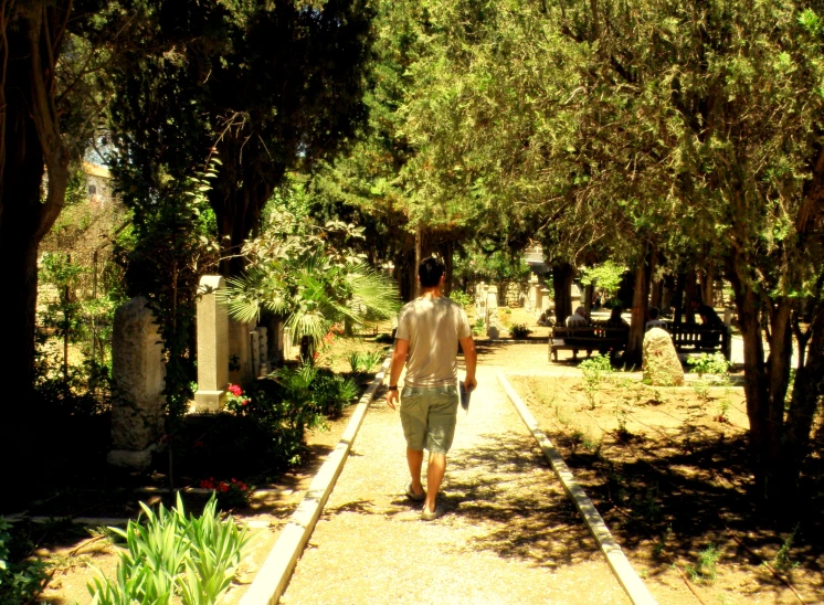 man walking down narrow sidewalk in park near trees
