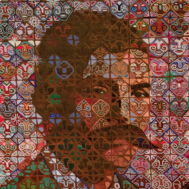 artwork depicting a face and a large cross - stitch pattern