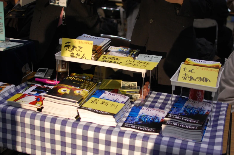 a table is covered with books in various places