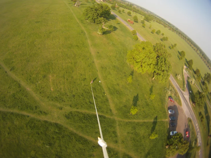 aerial view of field with green grass and trees