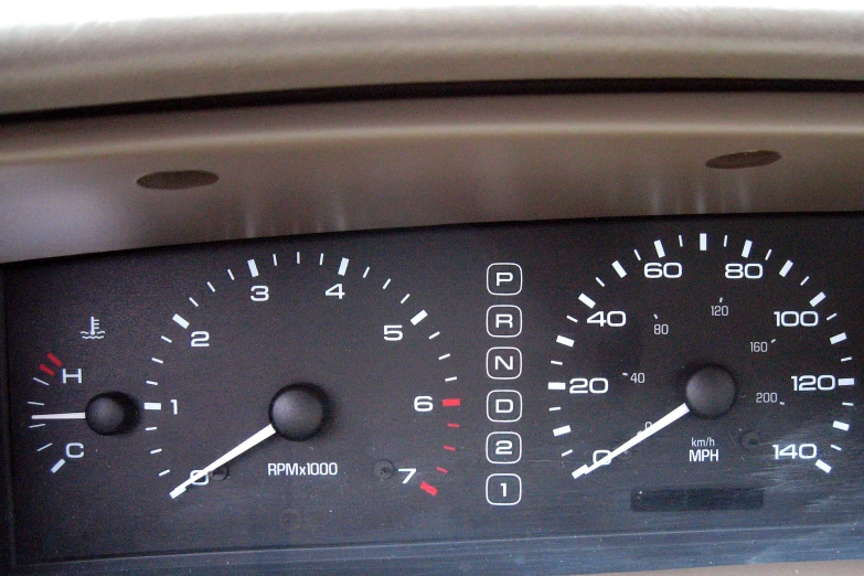 a dashboard on a car is shown, with multiple gauges