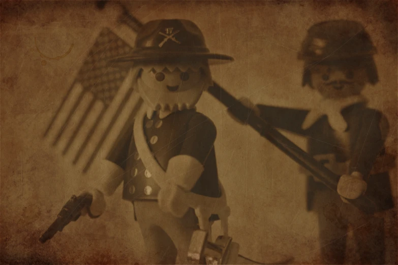 two toy soldiers hold guns while one is dressed as a flag