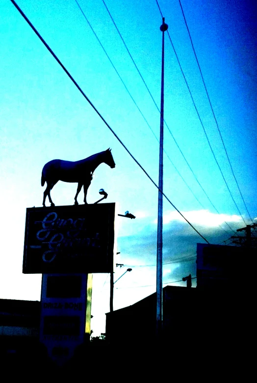 the horse sculpture is lit up for someone to see