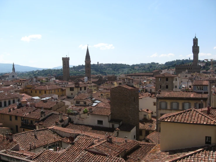 a city view with rooftops and steeples that overlook mountains