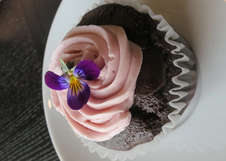 a white plate holding a chocolate cupcake with icing and purple flower on top