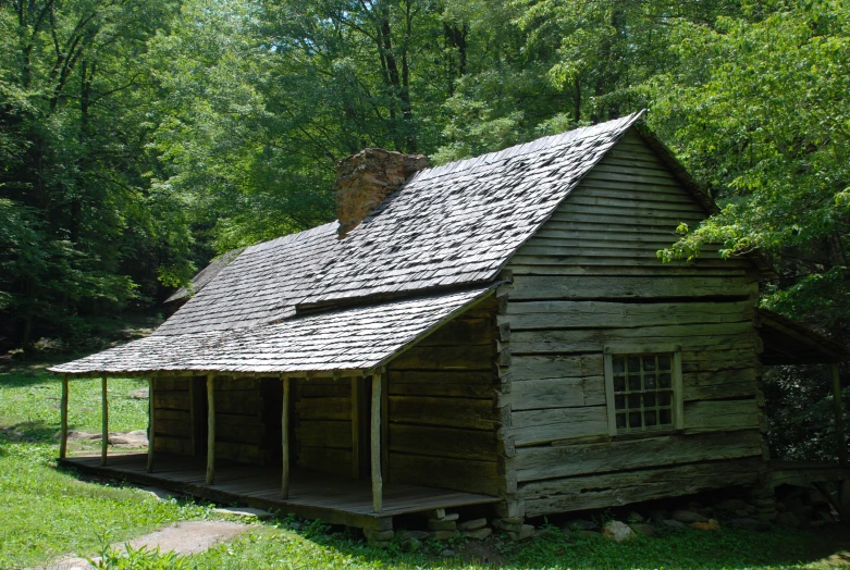 an old cabin in the middle of a lush green forest