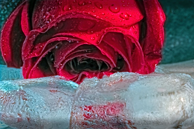 a red rose sitting next to an opened bottle of water