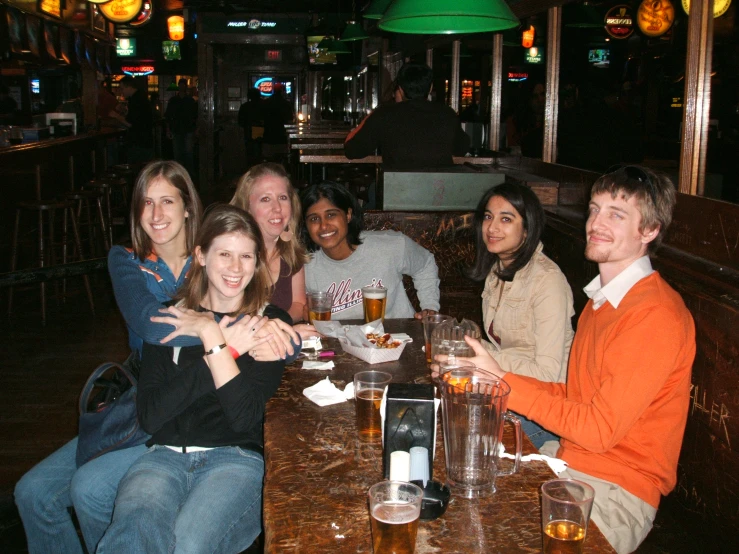 some friends sitting at a table with beers