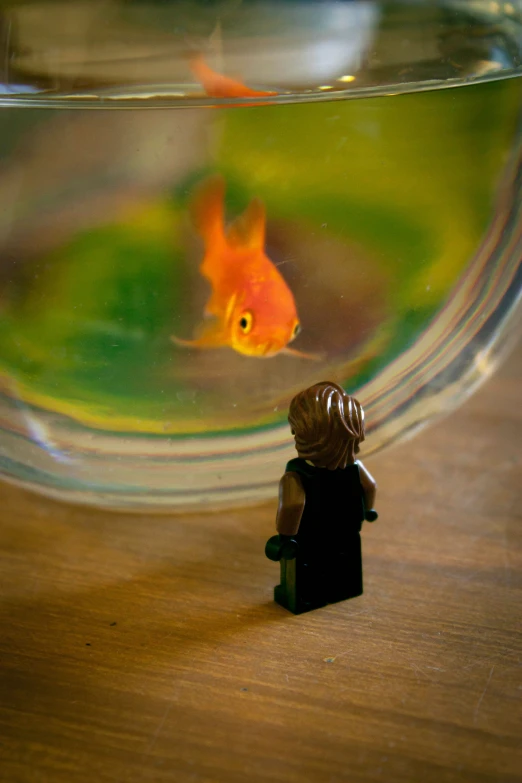 a plastic person sits near a small fish