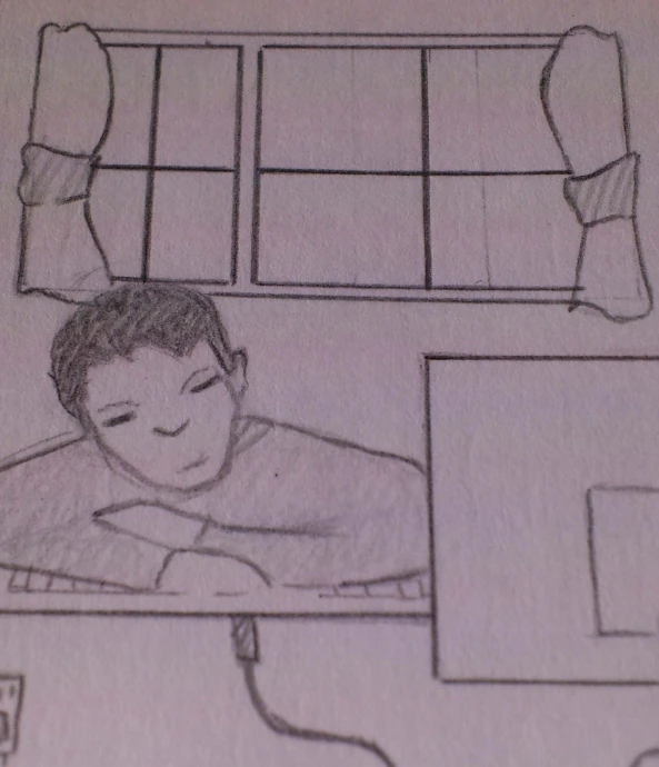 the drawing shows a  in his pajamas with his feet on the ground