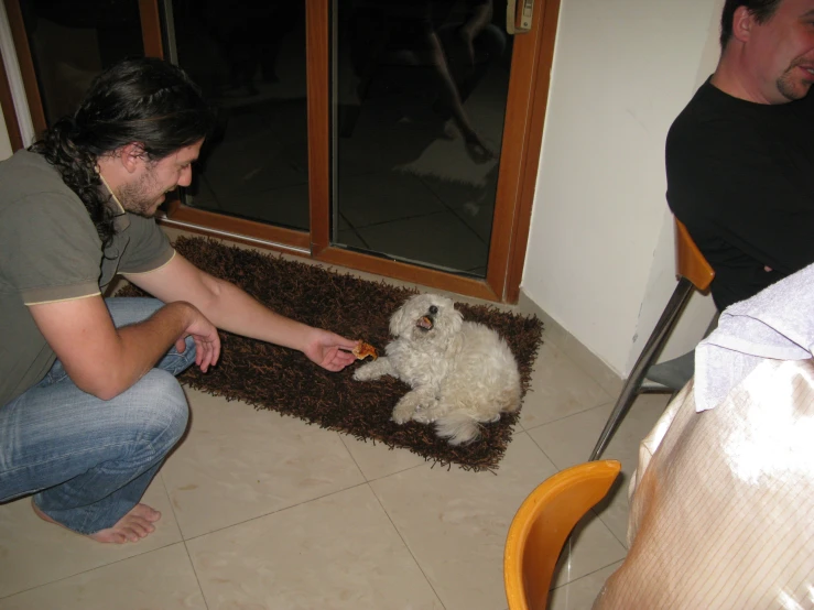 a man is playing with his white dog