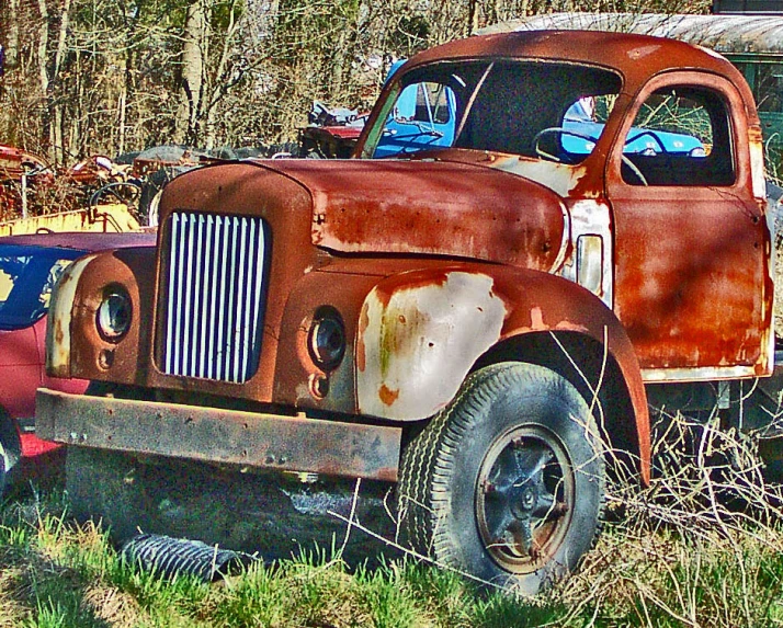 an old rusty truck parked in the grass next to a bush