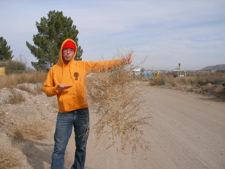 man pointing to weeds in the dirt on a road