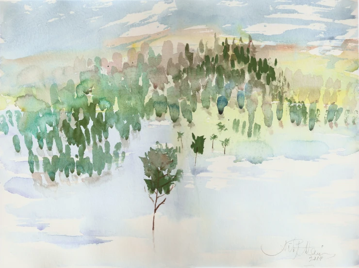 a drawing of trees in a snow covered field