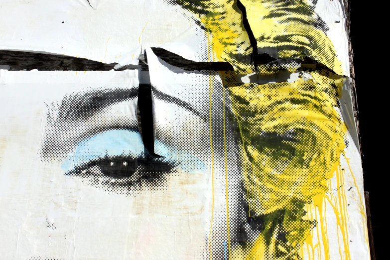 an abstract painting of a woman's face with long black eyelashes and painted on white