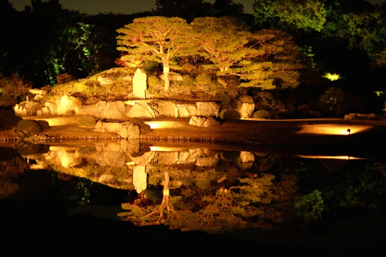 the trees and the rocks have a reflection in the water