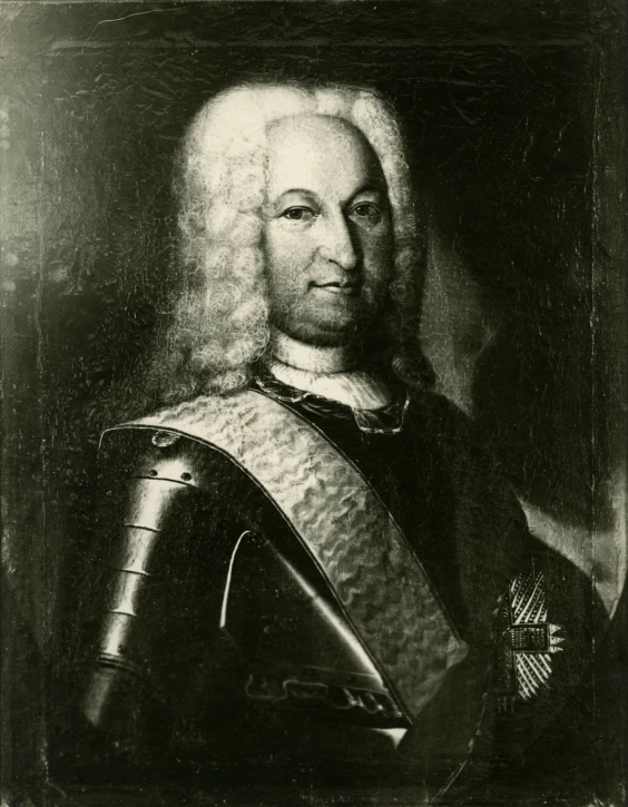 a black and white portrait of a man wearing armor