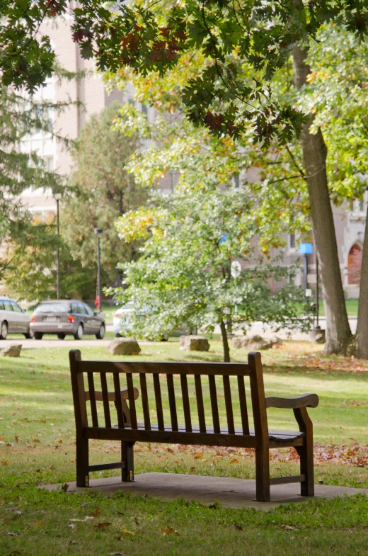 a park bench sits in the foreground, and parked cars are nearby