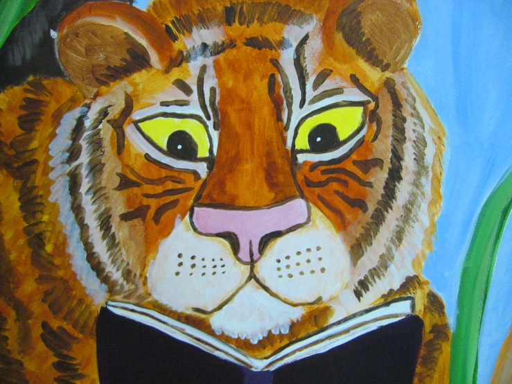 a painting of a tiger reading a book