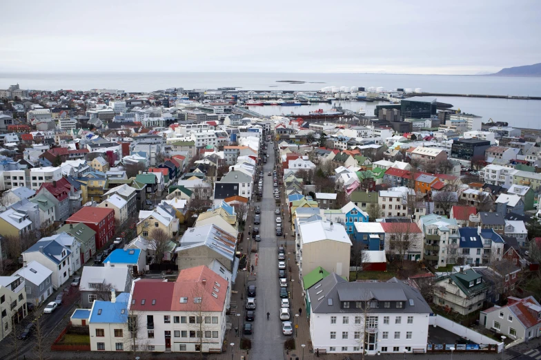 an aerial view of an old city with colored buildings