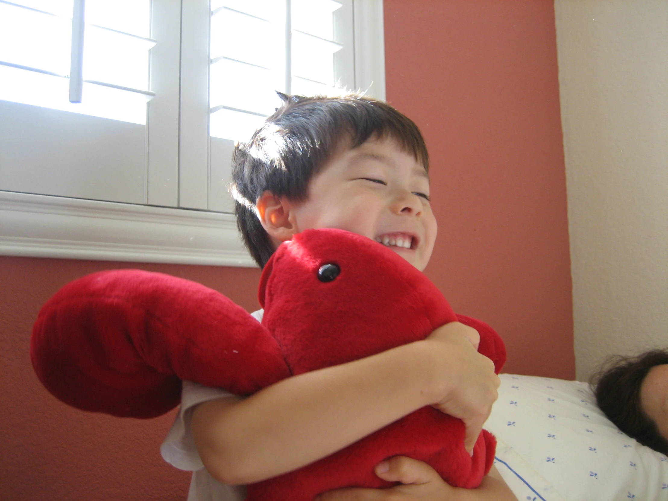 a young child holds a red stuffed animal