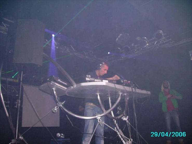 two djs are performing on an electronic equipment