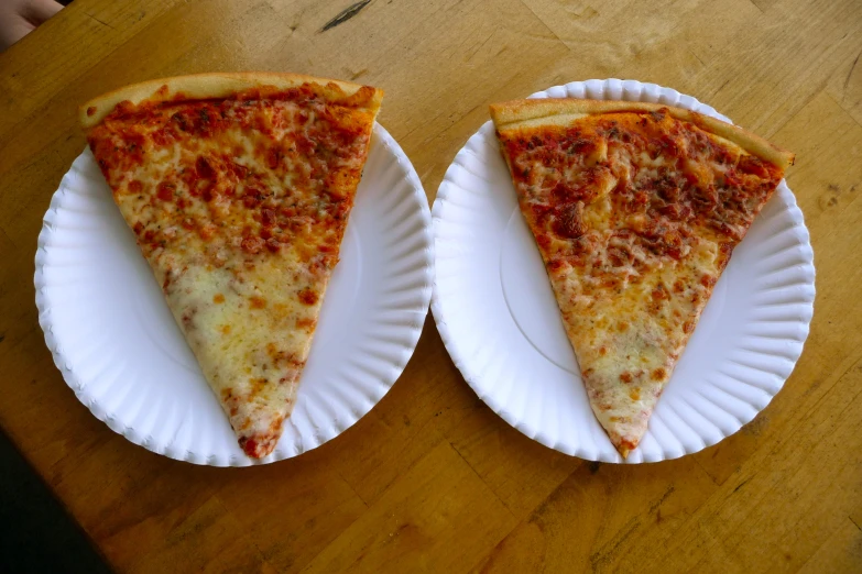 the two slices of pizza are on white paper plates