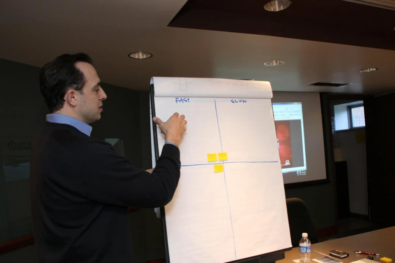 a man in black shirt next to a white board