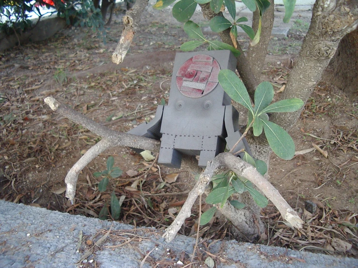 a broken up traffic light sitting in the ground next to a tree