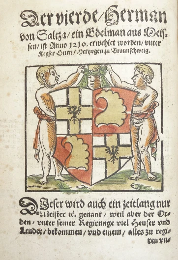 an illuminated book page depicting a couple putting an arm around a shield