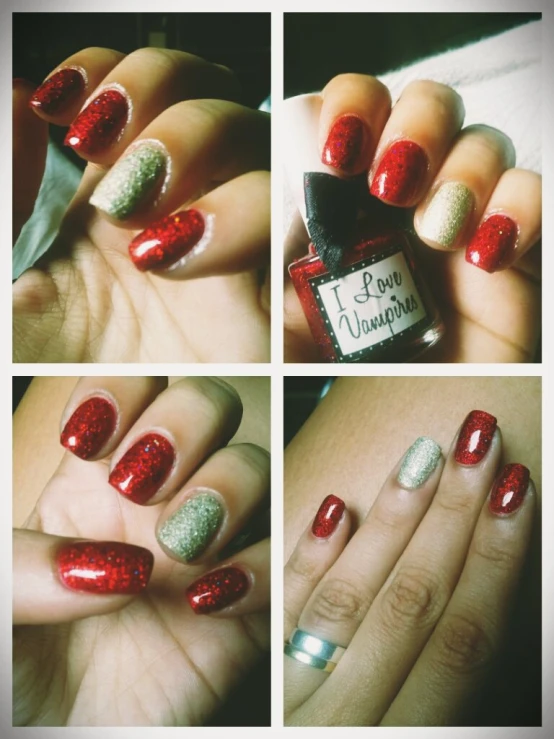 four pos showing various images of red and silver nail polishes