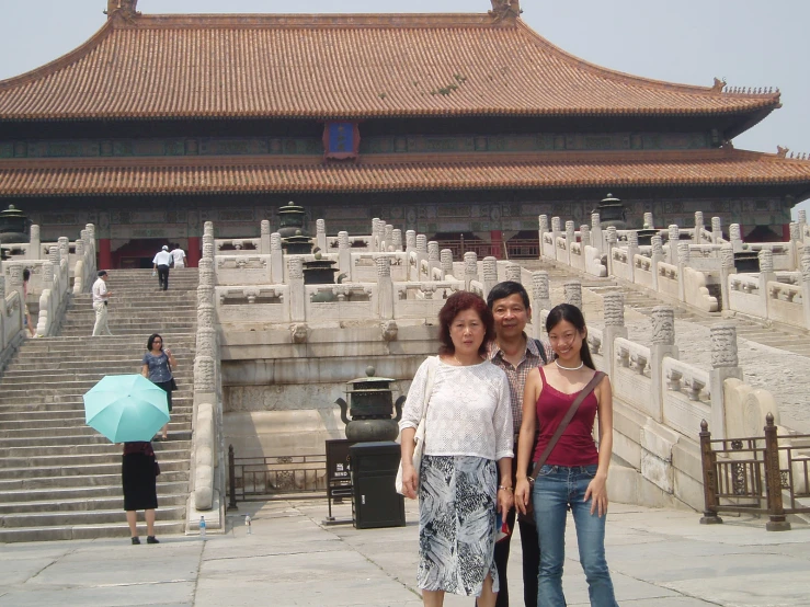 three women pose for a po outside an ancient chinese building