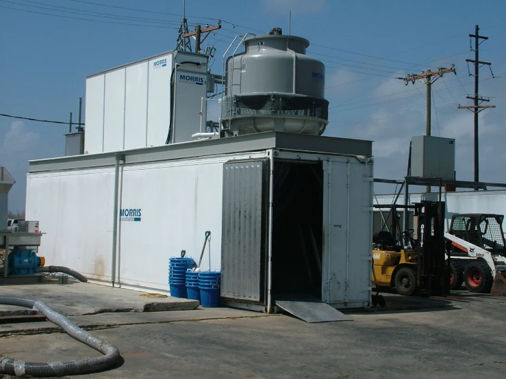 a water heater sitting on top of a warehouse