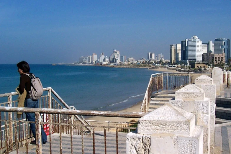 a woman standing next to a railing near the ocean