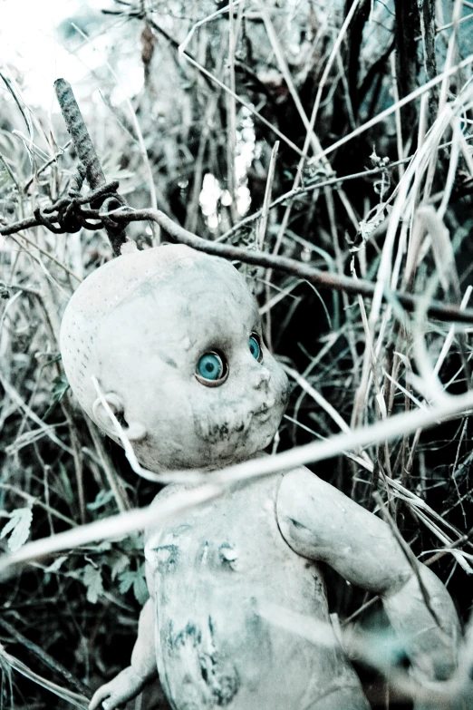 a stuffed doll is on the vines in the woods