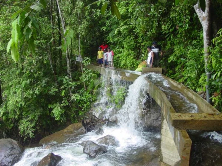 people walking across a waterfall in the middle of the jungle