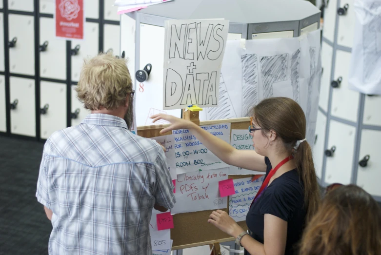 a woman placing a pin with a man's hand to write news