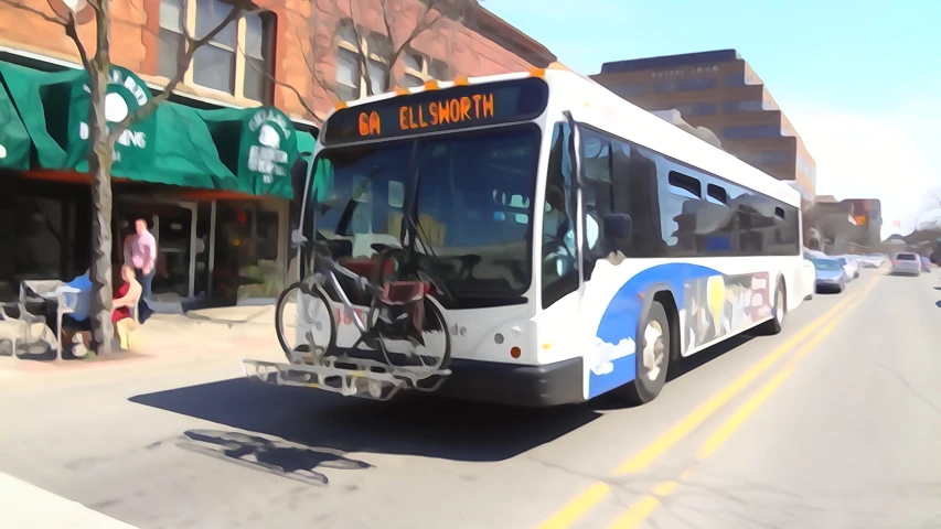 the city bus is carrying bikes through a downtown area