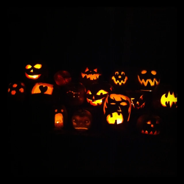 a black background is showing pumpkins all lit up