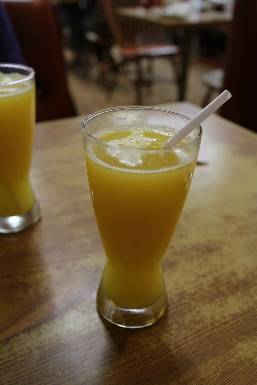 two glasses of orange juice sit on the table